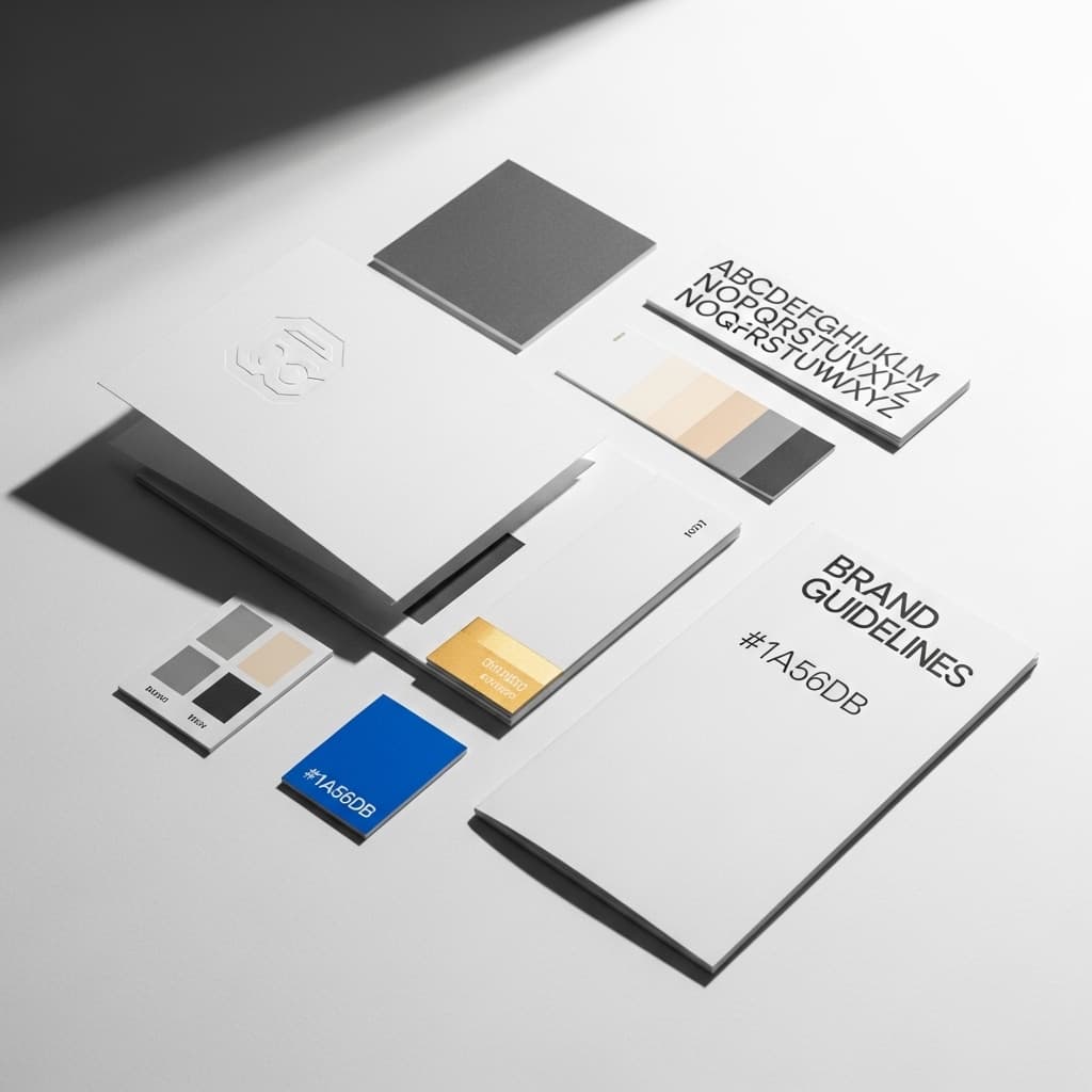 A sleek, editorial-style flat lay of brand identity materials — a logo embossed on thick matte paper, a consistent color palette swatch card, a minimalist sans-serif type specimen, and a brand guidelines booklet — all arranged with precise geometric spacing on a clean white surface. Soft natural side lighting casts subtle shadows. The mood is professional, modern, and intentional. Shot from directly above. High resolution, magazine cover quality. Color palette strictly: white, electric blue (#1A56DB), warm ivory, charcoal grey, and soft gold accents. Absolutely no purple, no violet, no lavender.