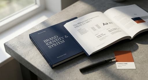 A hyper-realistic, high-angle macro shot of a premium, deep-navy brand style guide book resting on a textured concrete desk. Beside it sits a high-end designer pen and a matte-finish Pantone color swatch card in burnt orange. Soft, natural morning sunlight streaming through a window creates soft shadows and realistic lens flare. Shot on 35mm lens, f/2.8, sharp focus on the typography of the book, 8k resolution, authentic textures, no plastic skin or artificial glows