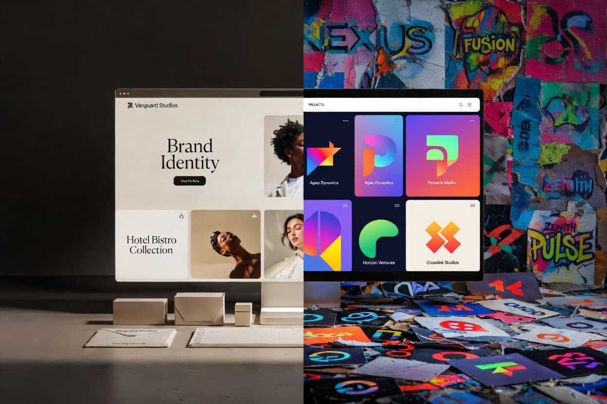 A split-screen comparison. On the left side, a clean, modern, and harmonious e-commerce brand interface where the website, social media, and packaging all share an identical color palette, typeface, and minimalist aesthetic. On the right side, a cluttered and disjointed display of mismatched logos, clashing colors, and broken layouts representing a brand without a system.